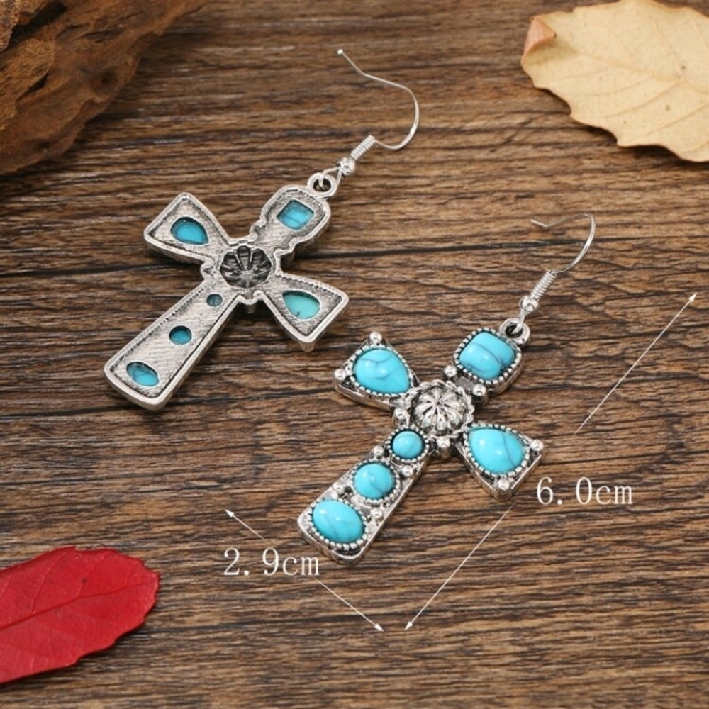 Turquoise Stones Silver Cross Dangle Elegant Earrings - Picture 3 of 3